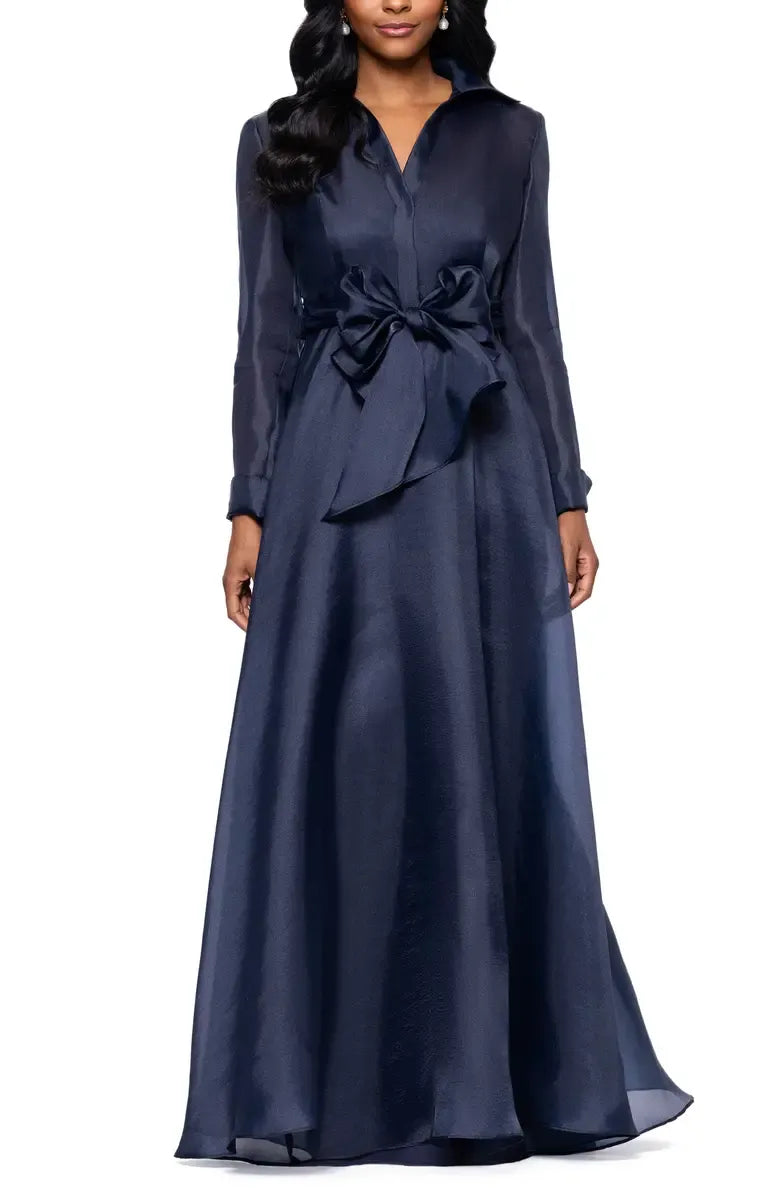 Classic A-Line Shirt Collared Long Sleeve Full Coverage Back Floor-Length Prom Dress